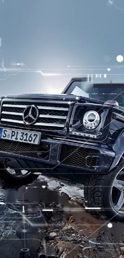 Luxury SUV on rocky terrain under a grayish blue sky.