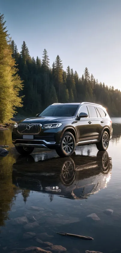 Luxury SUV parked by a reflective lake with forest backdrop.