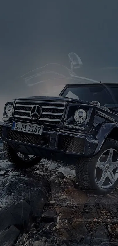 Dark blue luxury SUV on rocky terrain under a stormy sky.