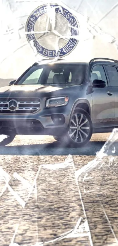 Mercedes-Benz SUV in a desert with shattered glass overlay.