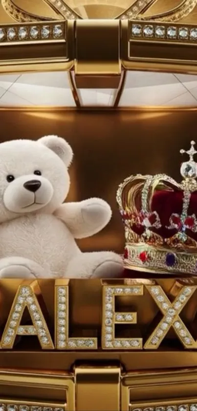 Plush teddy bear with jeweled crown on golden background.