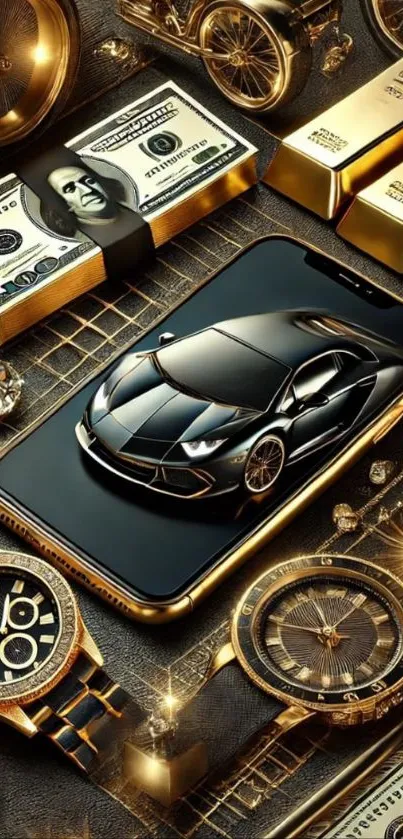 Luxury phone wallpaper with gold, watches, and a sleek car.