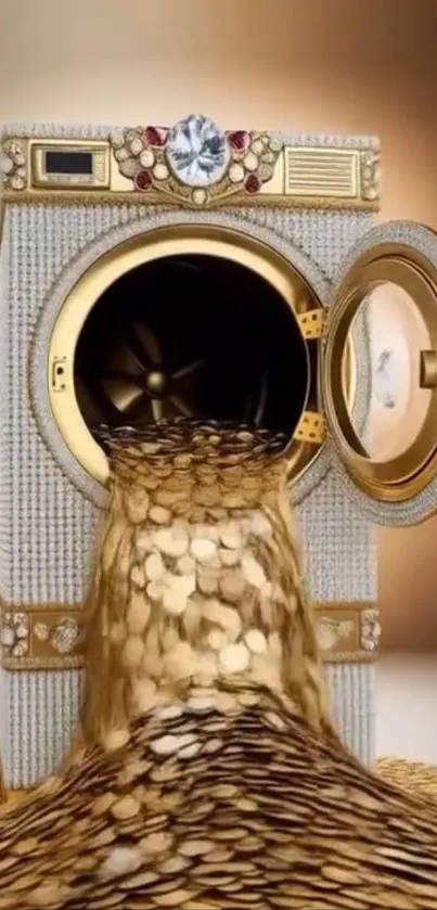 Luxurious washing machine with gold coins flowing out.