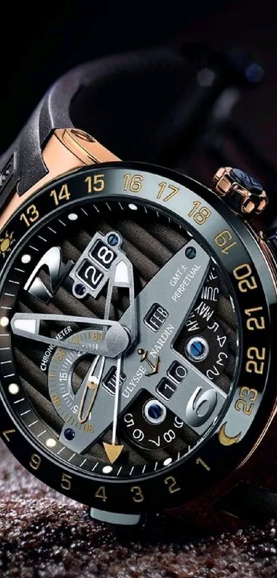 Close-up view of a luxury gold and black watch face.