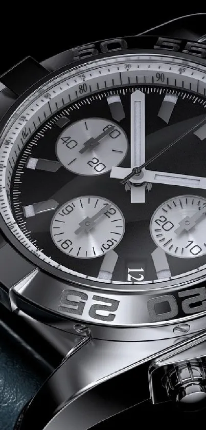 Elegant luxury watch with leather strap on black background.