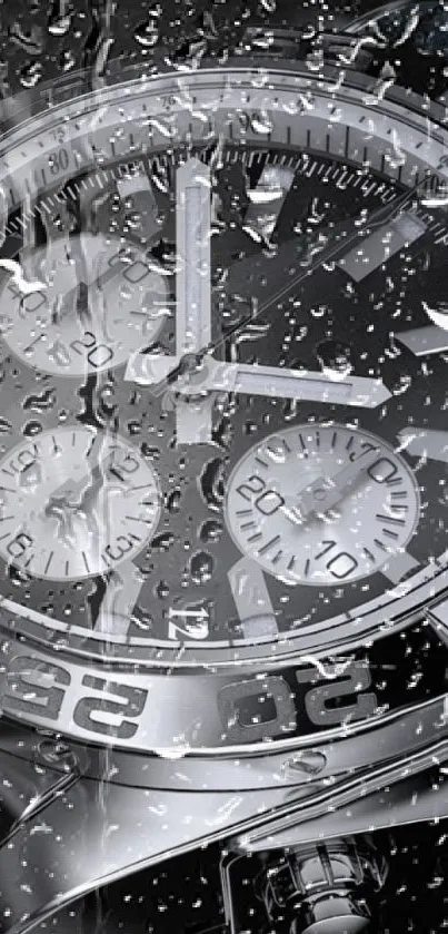 Silver luxury watch with rain droplets, elegant design wallpaper.