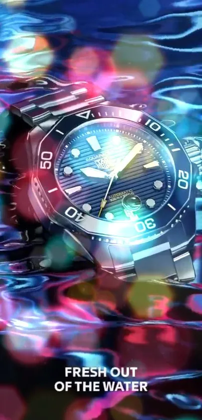 Luxury watch with colorful water reflection background.