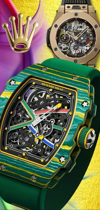 Luxury watches with intricate design and vibrant colors on mobile wallpaper.