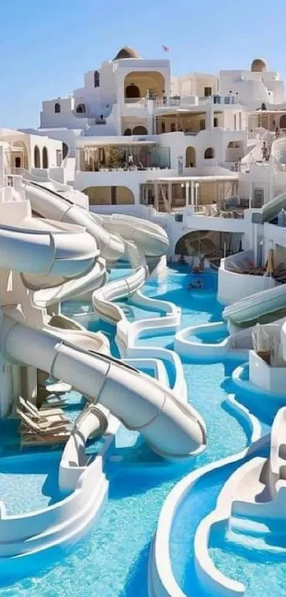 Luxurious resort with water slides and blue pools under a clear sky.