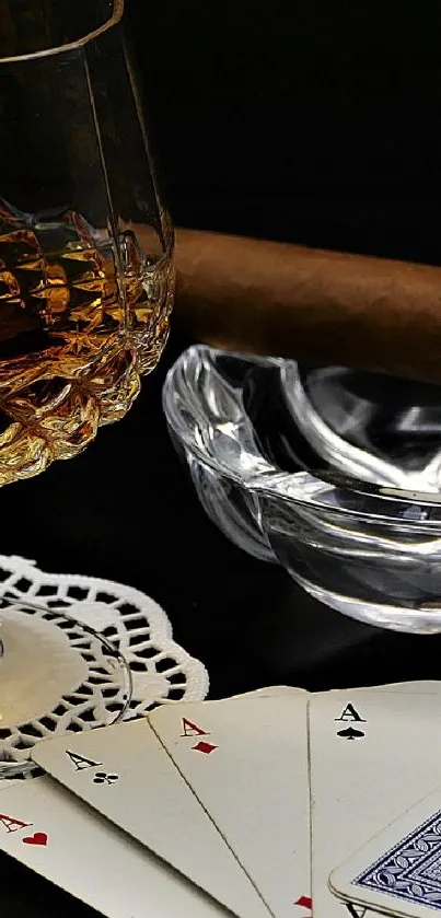 Elegant wallpaper with whiskey, cards, and cigar on a dark background.