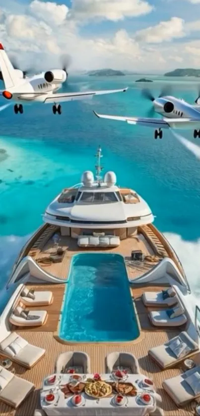 A luxury yacht with a pool deck and two jets above in an ocean setting.