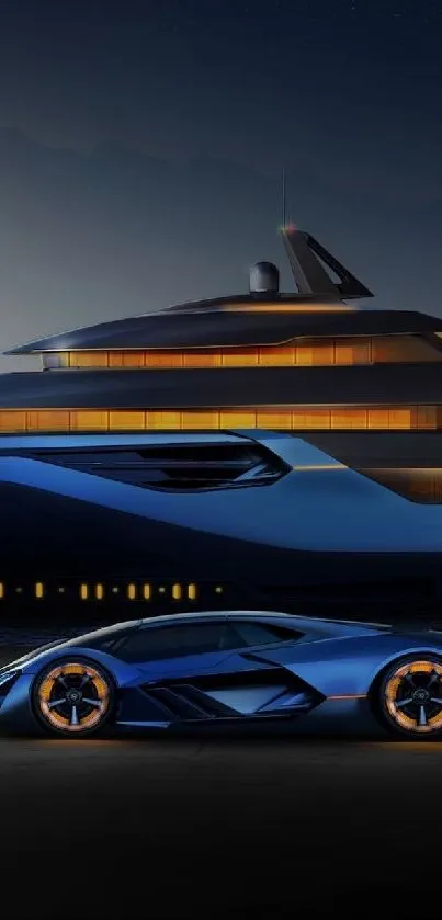 Luxury yacht and sports car under night sky wallpaper.