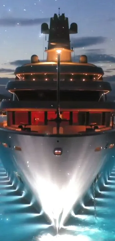 Luxury yacht illuminated at night on the ocean.