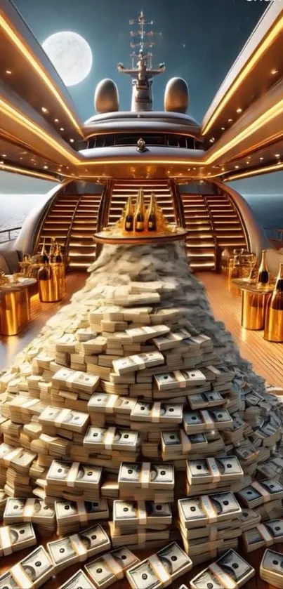 Yacht deck with cash pile under moonlight.