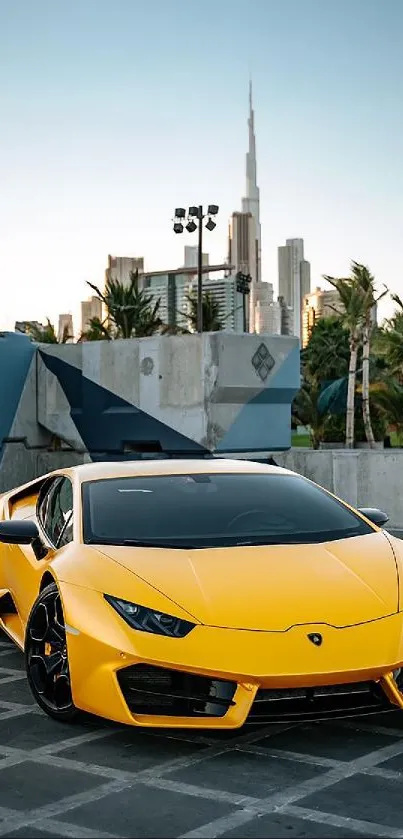 Yellow sports car with cityscape in background.