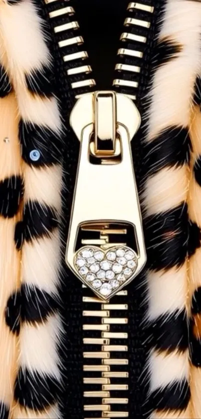Close-up of a gold zipper on leopard print wallpaper for mobile.