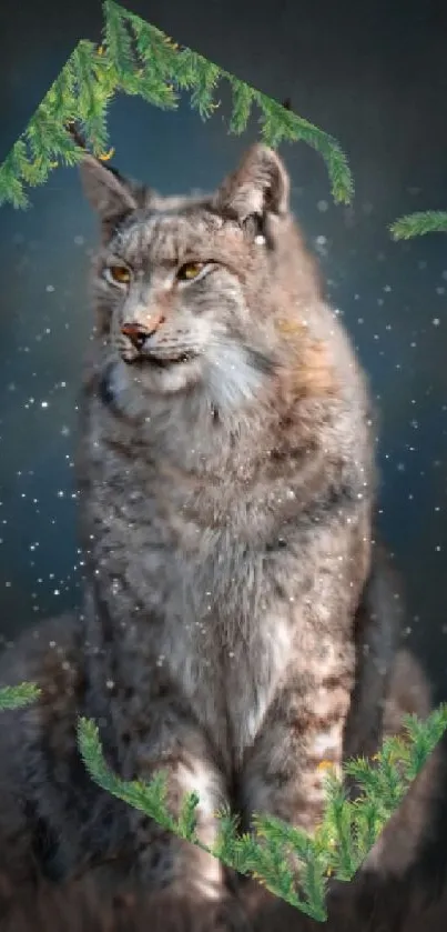 Lynx surrounded by green branches in snow.