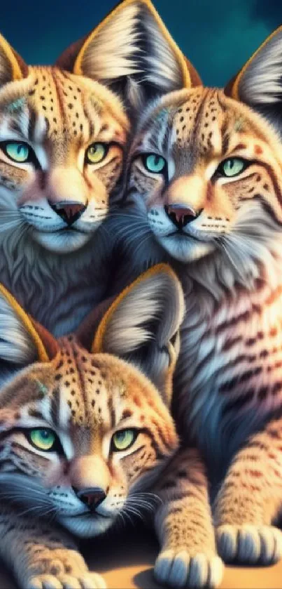 Elegant trio of lynx in warm tones, perfect for phone wallpaper.