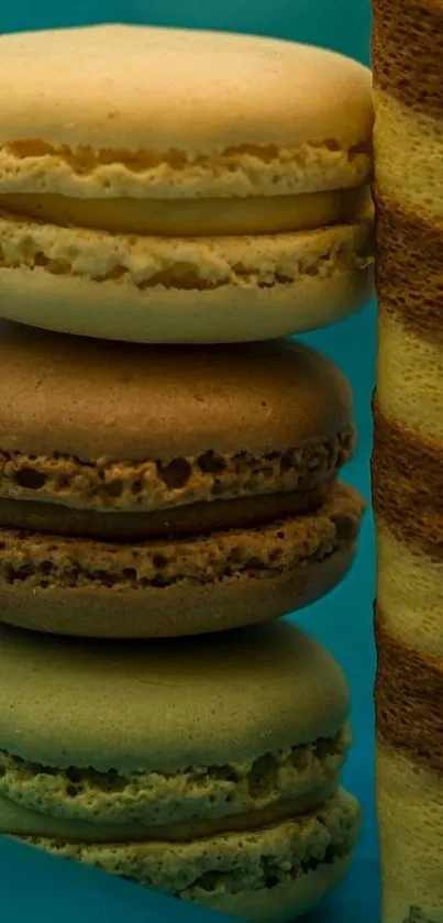 Stack of colorful macarons and a biscuit roll on teal background.