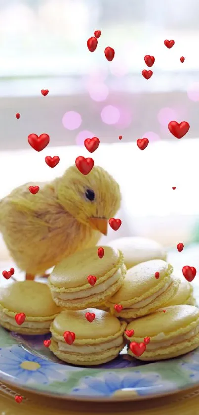 Plush bird with yellow macarons on a floral plate.