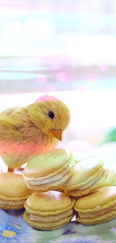 Cute bird and yellow macarons on a plate.