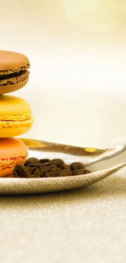 Colorful macarons stacked on a silver spoon with coffee beans.