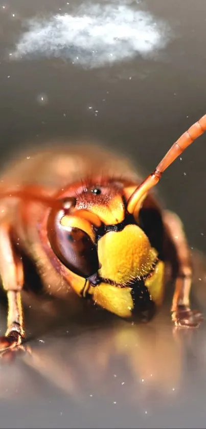 Close-up of a hornet with a cloud in the background.