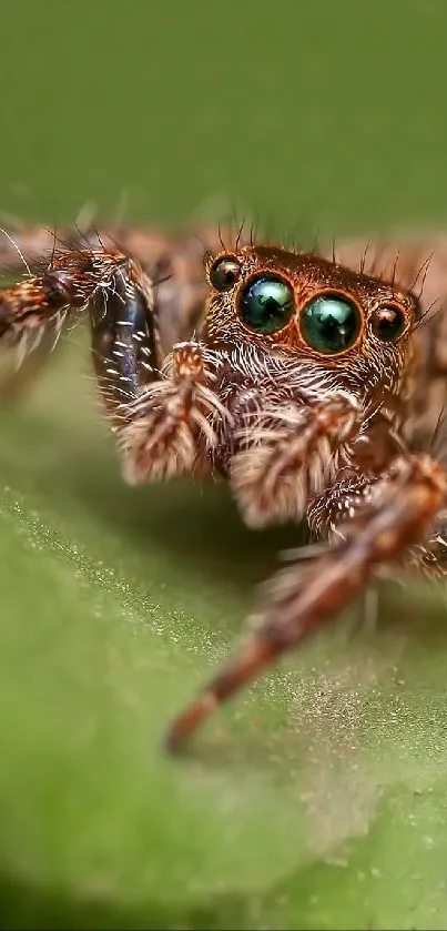 Close-up of a jumping spider on a green leaf, showcasing intricate details and vibrant colors.