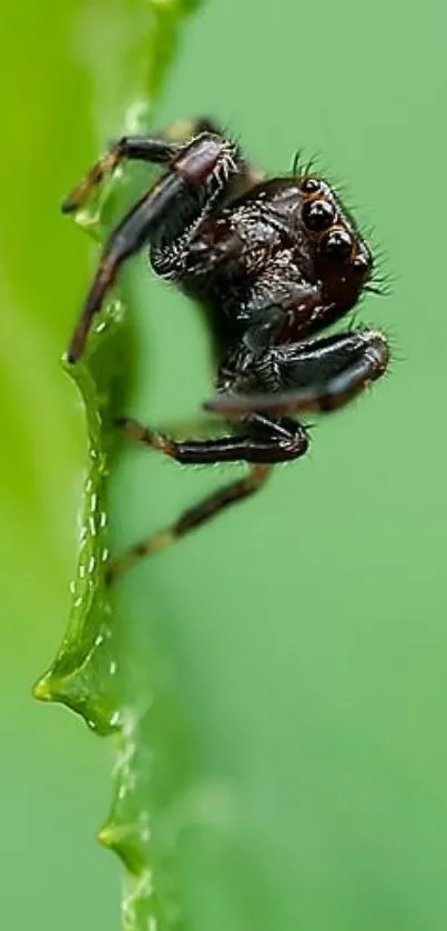 Macro shot of spider on green leaf wallpaper.