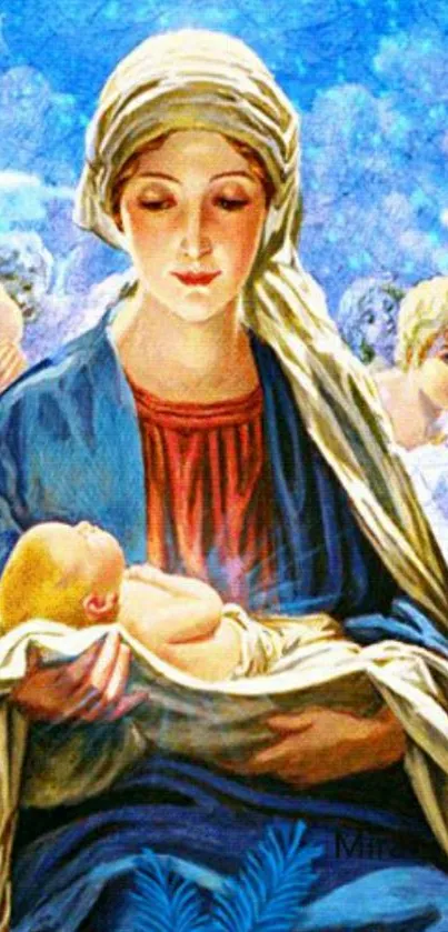 Colorful artwork of Madonna holding child with angels.