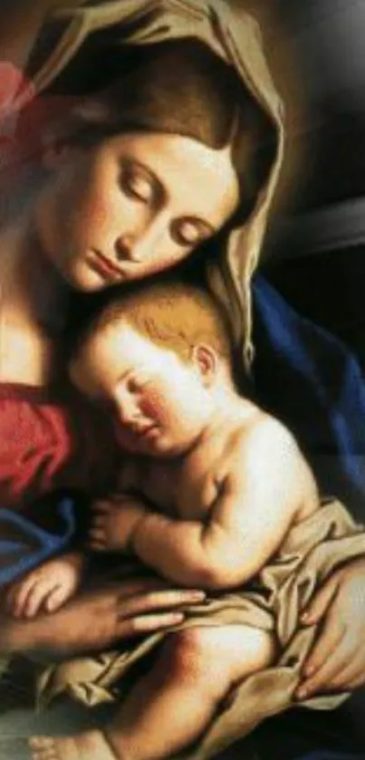 Madonna and Child artwork on mobile wallpaper.