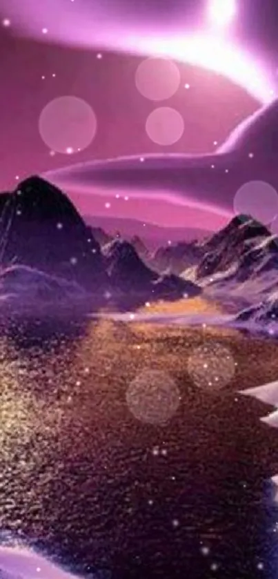 Magenta cosmic landscape with mountains and a shimmering lake under a glowing sky.