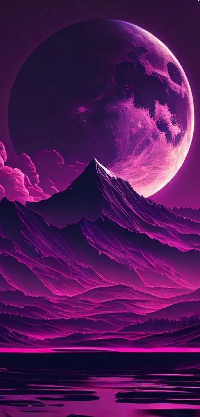 Magenta moon over mountains with vibrant hues