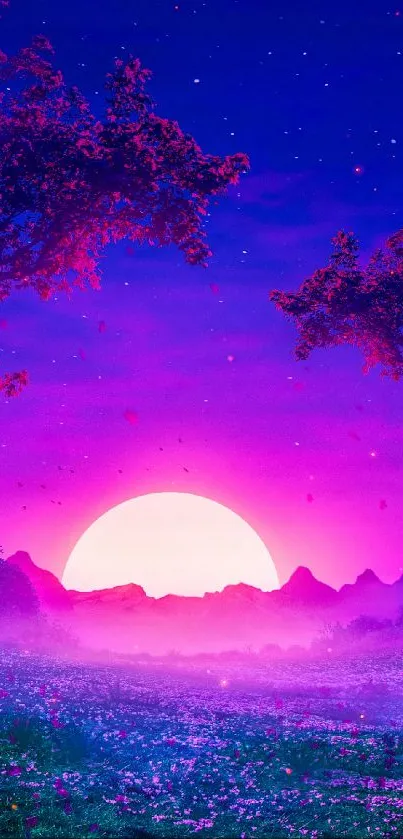 Magenta sunset fantasy landscape wallpaper.