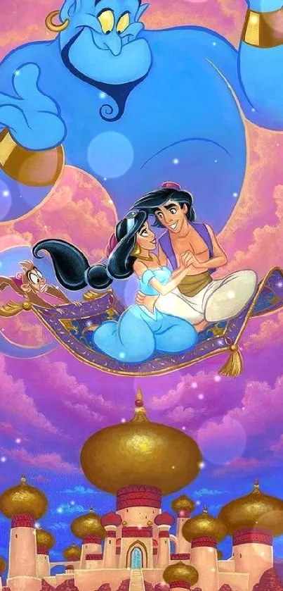 Fantasy art of characters flying on a magic carpet with vibrant colors.