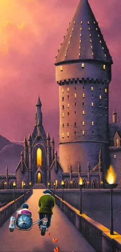 Magical castle at sunset with warm, enchanting colors and a serene bridge scene.