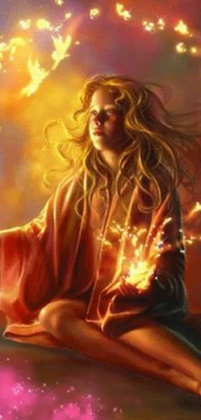 Fantasy artwork of a fire fairy with magical sparks.