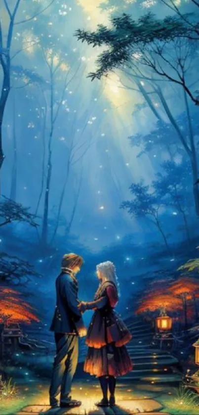 Romantic couple in mystical blue forest with glowing lanterns.