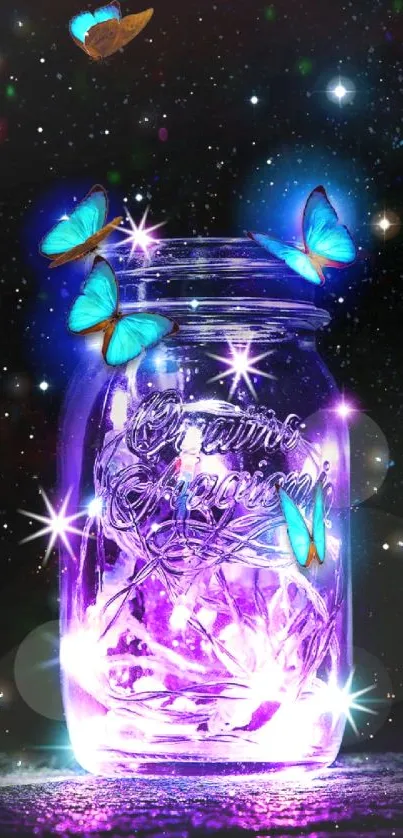 Glowing jar with butterflies in the night sky wallpaper.