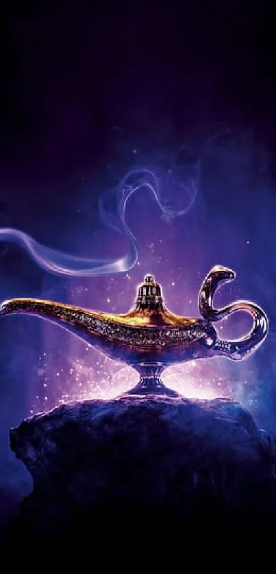 Magic lamp glowing with purple light on a rock.