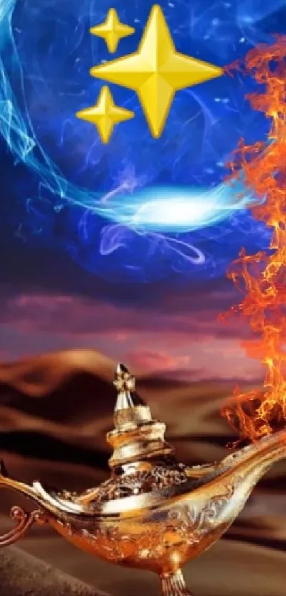 Mystical magic lamp with fiery flames on a desert backdrop.