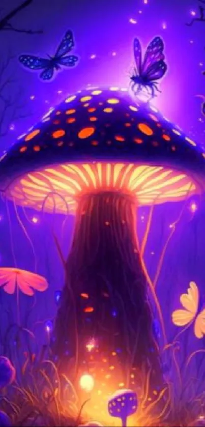 Glowing mushroom in a mystical, purple forest with butterflies.