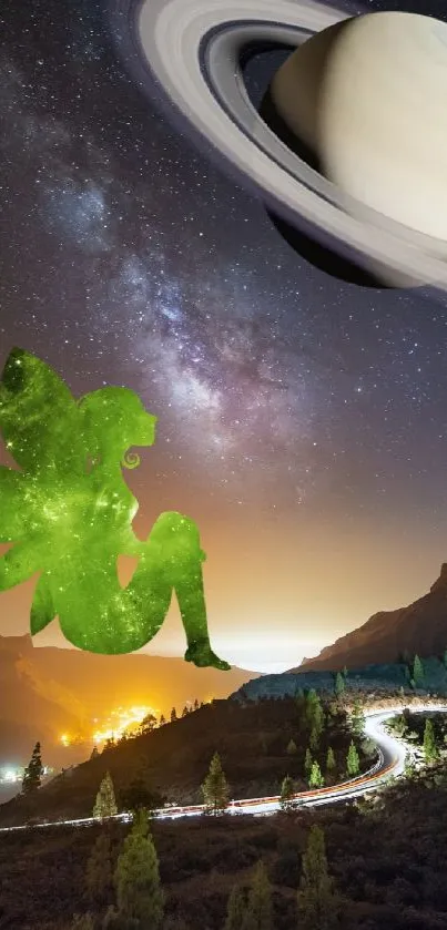 Fantasy night scene with green fairy and Saturn over mountains.