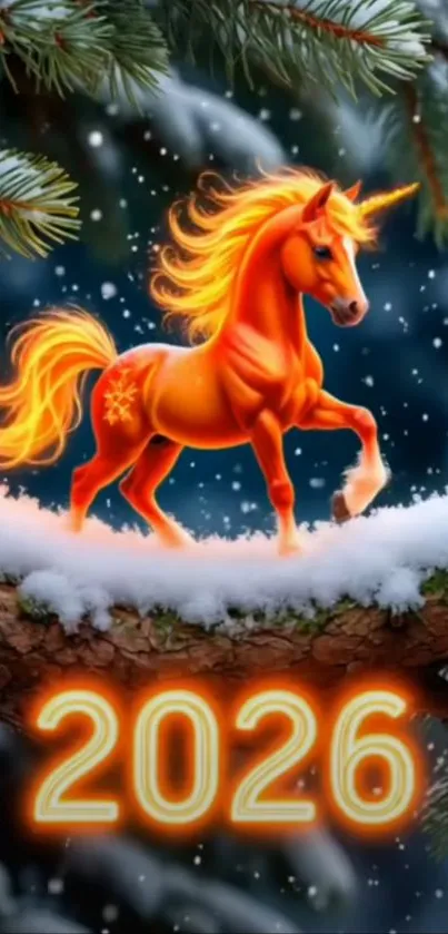 A bright orange unicorn stands on a snowy branch with 2026 glowing below.