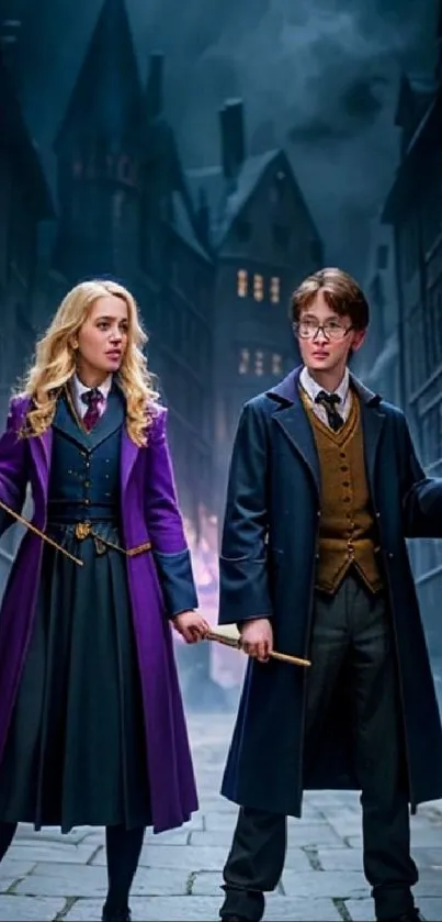 Two young wizards casting spells in a mystical city.