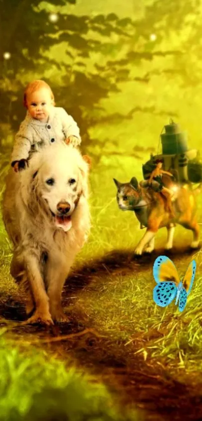 A baby rides a dog with a cat and butterfly in a golden forest scene.