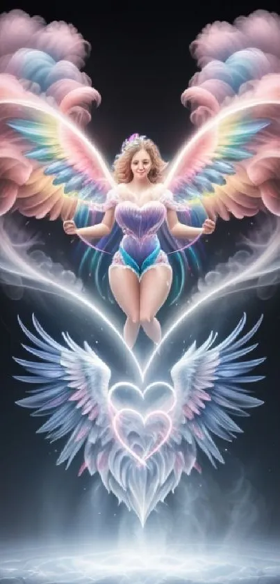 Fantasy angel with colorful wings and heart design in a magical setting.