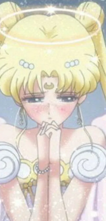 Anime angel with blonde hair and wings in a starry setting.