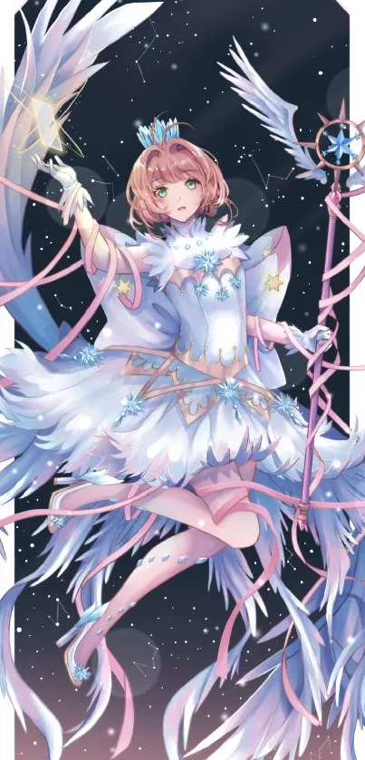 Anime character in blue and pink magical attire with a starry background.