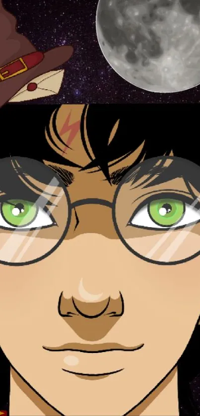 Anime character with green eyes under a moonlit sky.